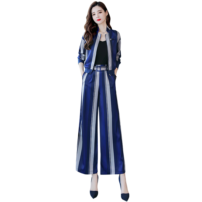 显瘦女士秋季新品条纹垂感阔腿裤两件套潮秋装洋气时髦套装