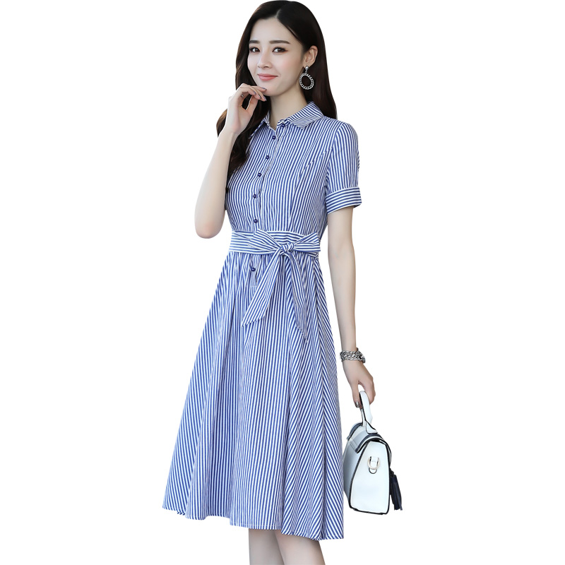 条纹连衣裙女夏女士新品韩版显瘦主义气质收腰显瘦中长款衬衫裙子