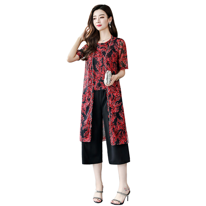 夏款套装女时尚碎花外披三件套女装九分阔腿裤韩版气质三件套装潮