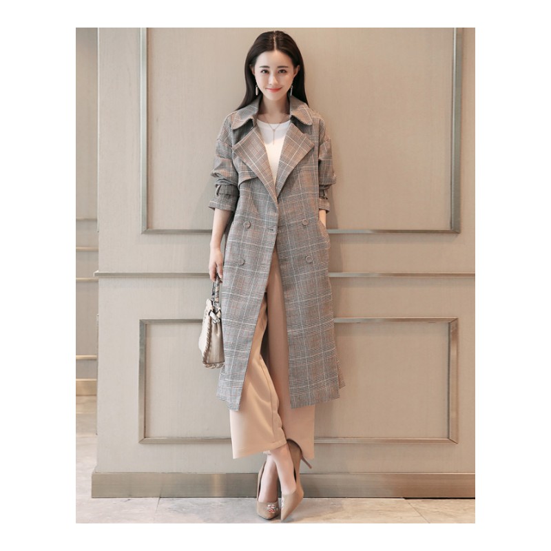 格子大衣女士春季新品韩版气质女装纯色西装领长袖宽松中长款风衣