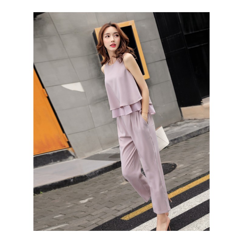 女士夏款新品韩版雪纺小香风两件套女性感无袖上衣宽松显瘦阔腿裤