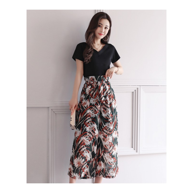 女士夏V领短袖T恤时尚两件套休闲小香风雪纺阔腿裤时髦小心机套装