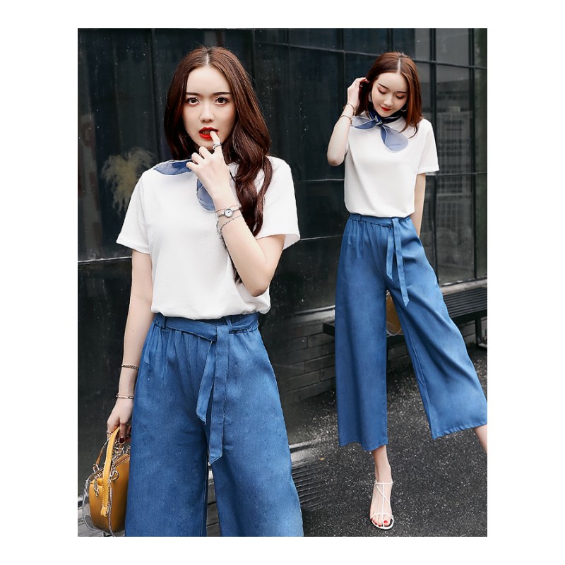时尚两件套小心机丝巾上衣女士新品港风矮个子阔腿裤套装女夏款潮