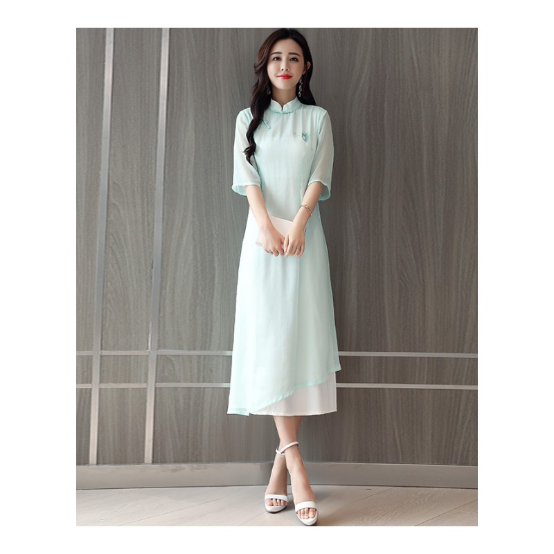 女士夏装新品中国风显瘦中长款改良版低领雪纺中年时尚旗袍连衣裙