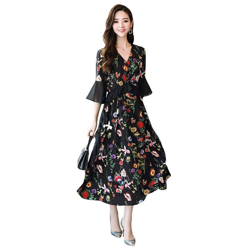 雪纺印花连衣裙女夏气质中长款v领松紧高腰显瘦修身五分荷叶袖潮