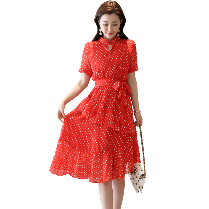 红色碎花连衣裙气质淑女女士夏款新品短袖修身显瘦中长款蛋糕裙潮