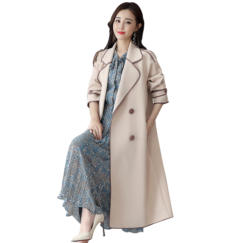 风衣女中长款女士秋季韩版新品修身双排扣过膝长款大衣女外套
