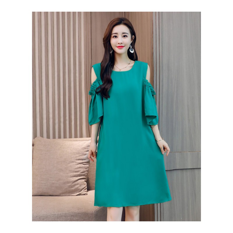 露肩气质红色连衣裙夏中长款女士女装新品休闲宽松小清新直筒裙子