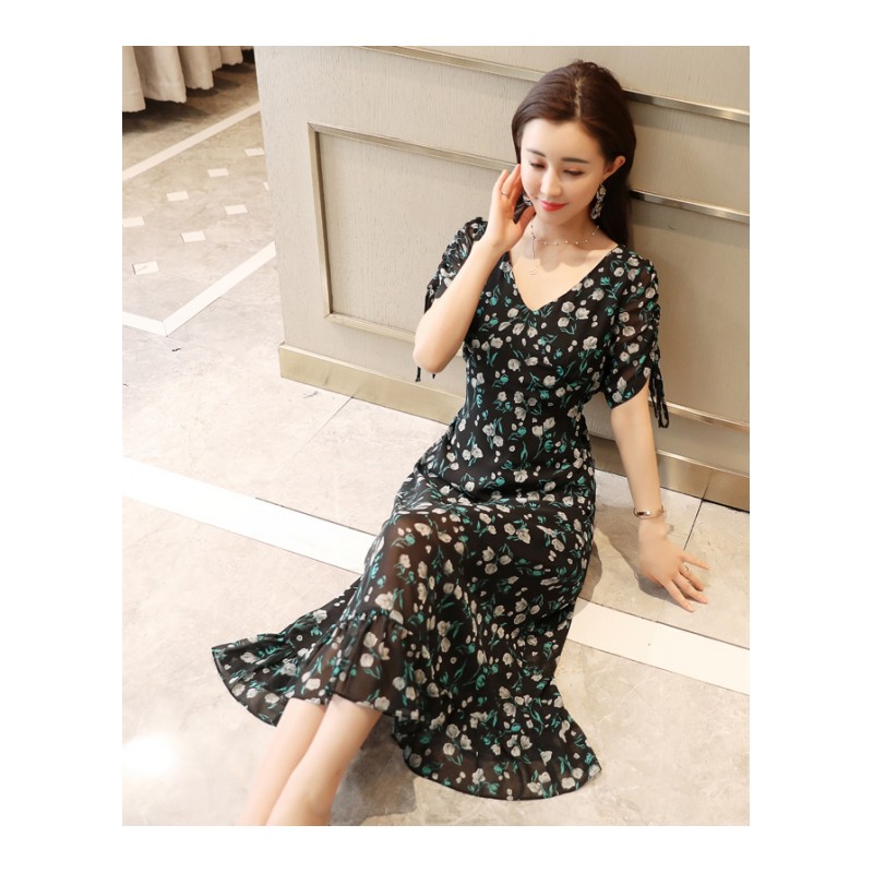 雪纺连衣裙女士年夏款新品中长款气质甜美碎花色韩版收腰显瘦仙气