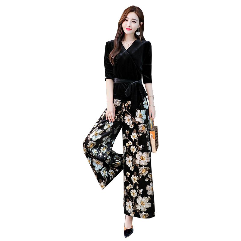 时髦套装秋女女士新品两件套韩版收腰显瘦印花阔腿裤微胖减龄套装