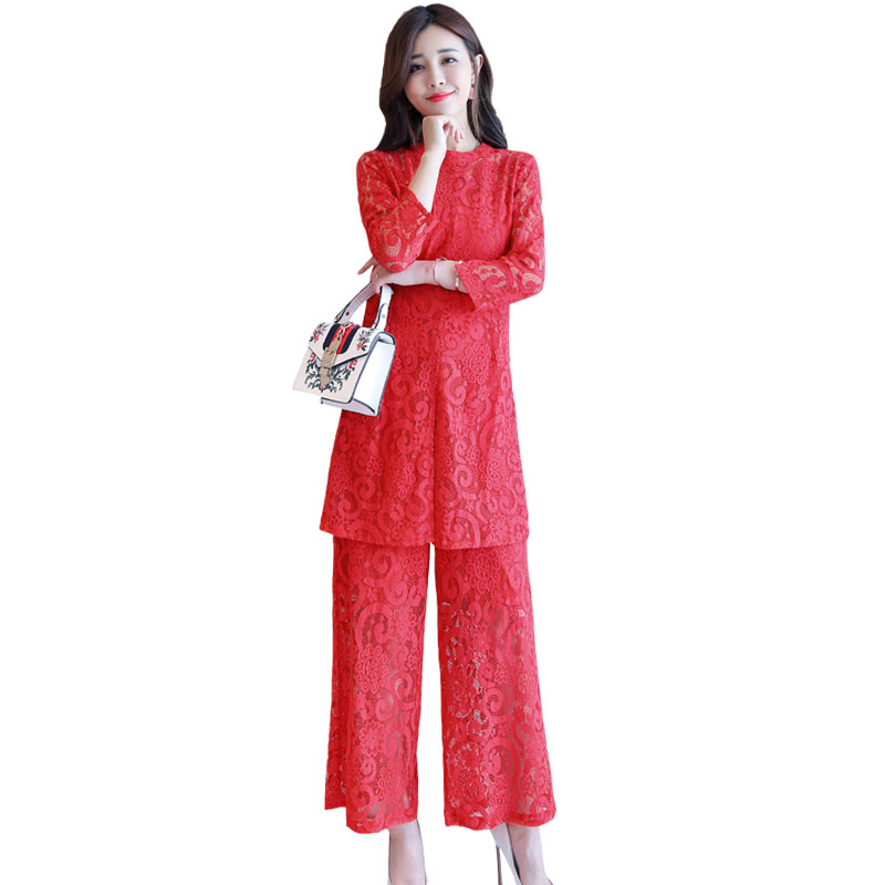女士夏装新品淑女气质蕾丝连衣裙套装女修身显瘦阔脚裤套裙两件套
