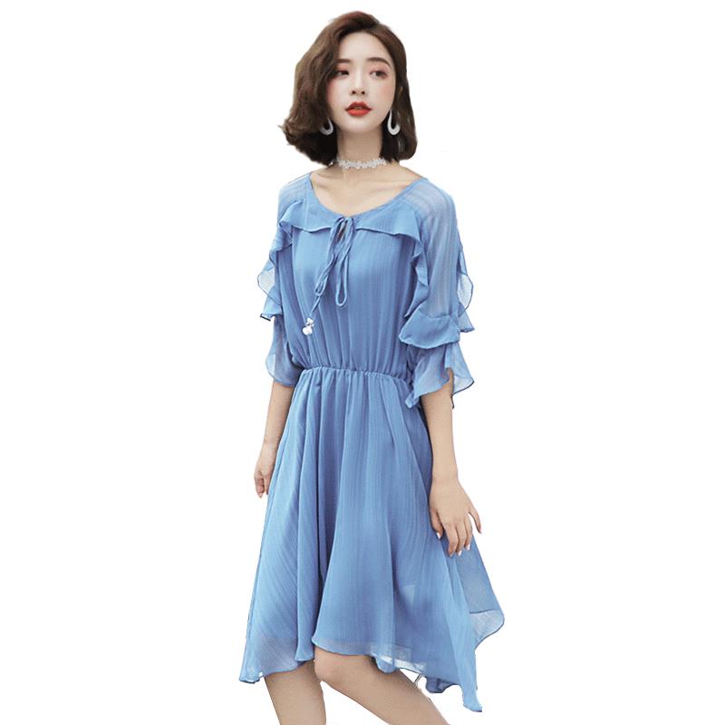 雪纺连衣裙女夏女士新品雾霾蓝仙女少女收腰显瘦中长款冷淡风裙子