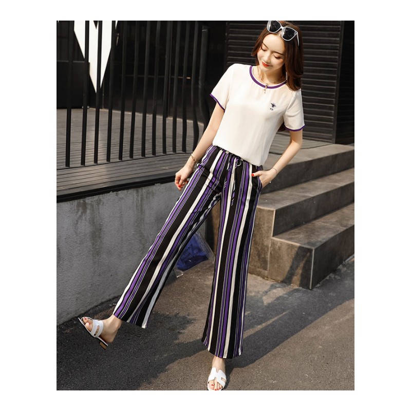 时髦套装女夏装女士新品韩版时尚T恤条纹阔腿裤修身显瘦两件套潮