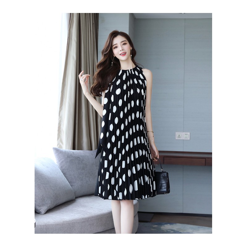 裙子夏款女女士新品女装韩版气质优雅中长款波点百褶雪纺连衣裙潮