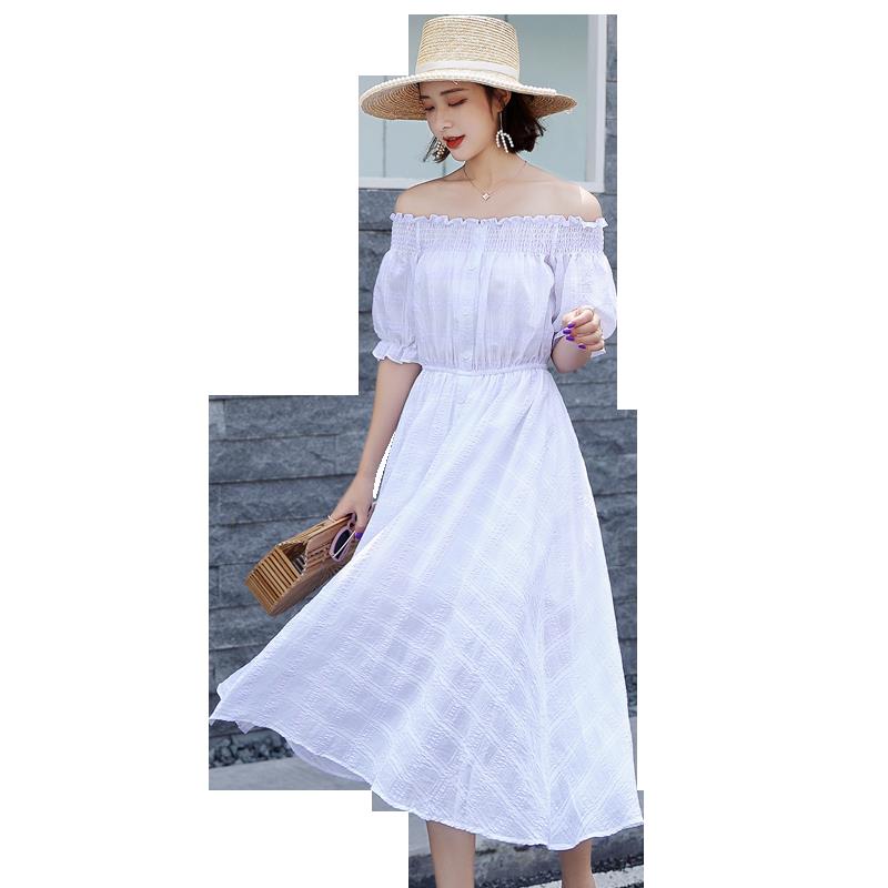 女士夏新品韩版一字肩带冷淡风连衣裙女中长款学生小清新裙子