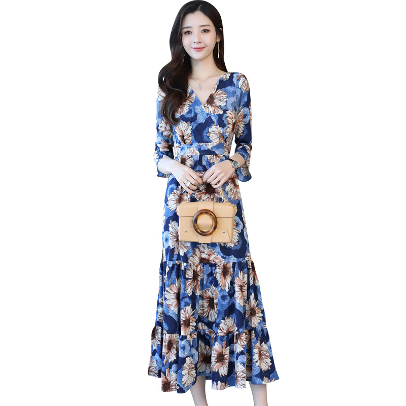 女士新品春秋季韩版时尚中长款印花气质修身显瘦宽松大码连衣裙女
