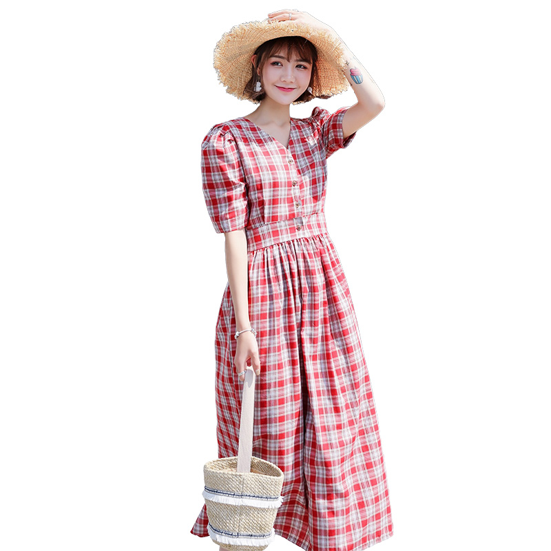 格子棉麻连衣裙女中长款女士夏款新品小清新学院风初恋裙显瘦裙