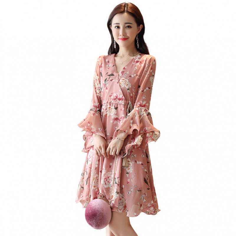 女士夏款新品中腰韩版时尚优雅碎花气质修身系带中长款雪纺连衣裙