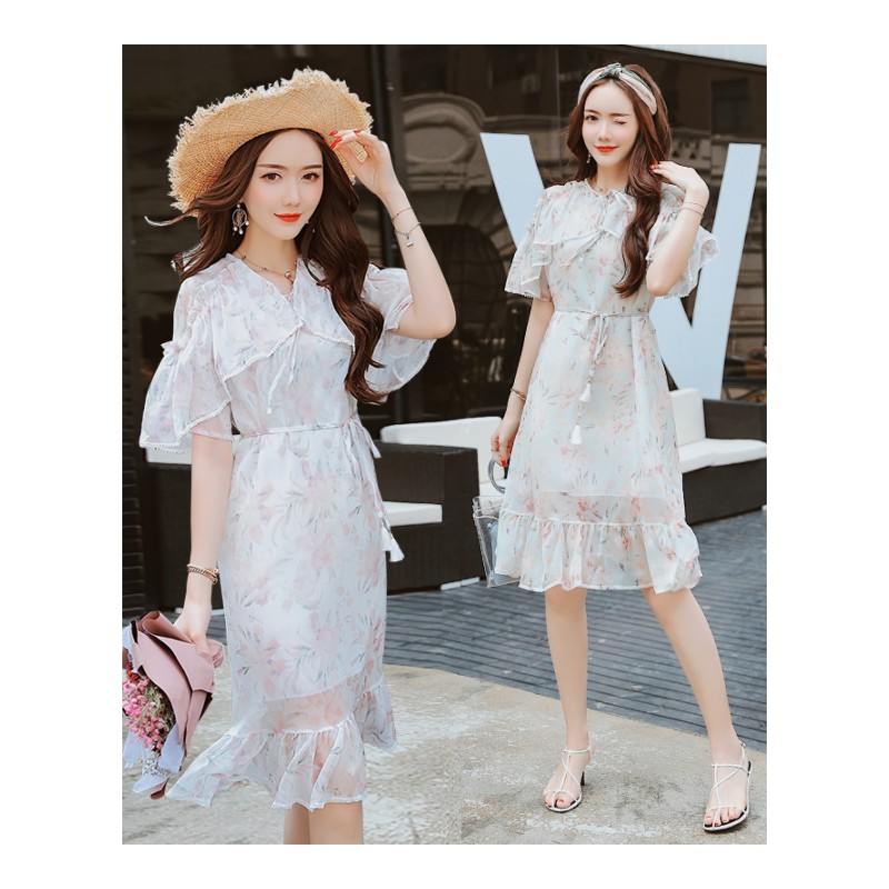 甜美小清新时尚百搭休闲修身显瘦气质纱裙碎花女士年夏款连衣裙潮