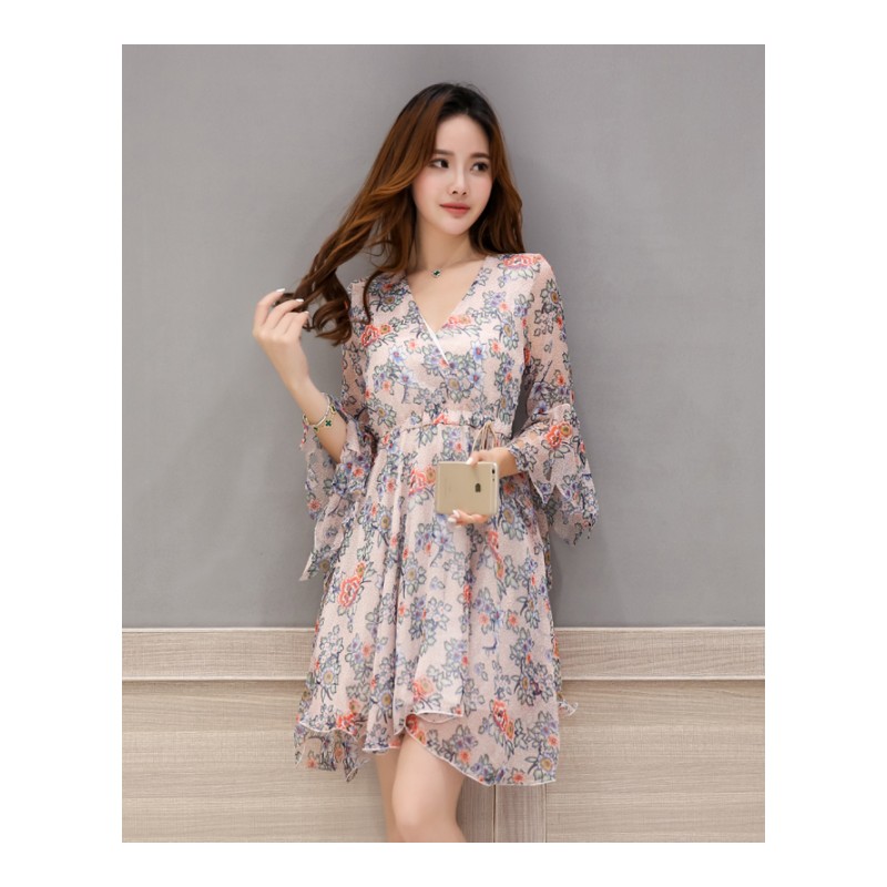 韩版修身显瘦简约V领七分袖印花女士夏款新品雪纺连衣裙女中长款