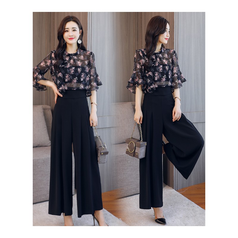 时髦套装女女士夏装新品韩版时尚修身显瘦碎花休闲阔腿裤两件套潮