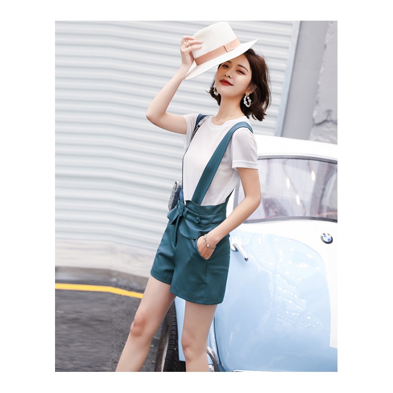 套装女夏女士新品女装纯色T恤韩版宽松时尚背带阔腿短裤两件套潮