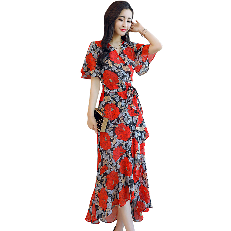 女士夏新品雪纺连衣裙女碎花收腰仙女温柔裙名媛V领显瘦红色长裙