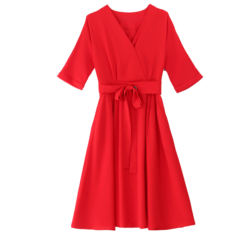 红色雪纺连衣裙女中长款女士夏款新品流行女装气质显瘦冷淡风裙子