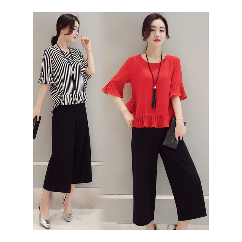 时尚休闲两件套女女士夏新品时尚女装韩版五分袖雪纺条纹套装潮