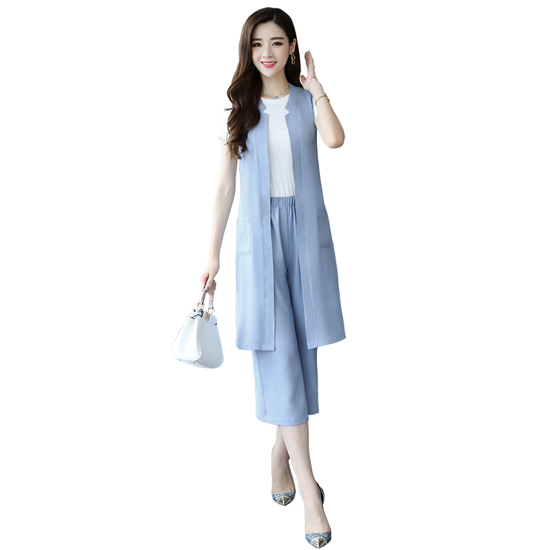 棉麻套装女夏女士新品韩版休闲气质马甲短袖T恤阔腿裤三件套夏