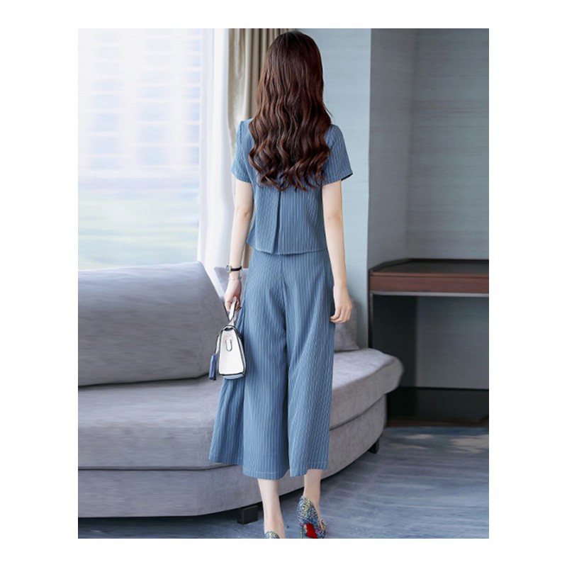 女士夏装新品韩版女装洋气时尚两件套气质条纹显瘦名媛时髦套装潮