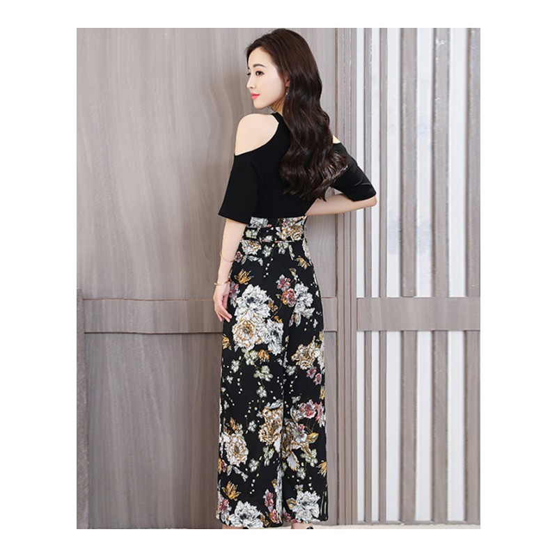 显瘦女士新品夏天漏肩花色阔腿裤两件套潮韩版时尚洋气套装女