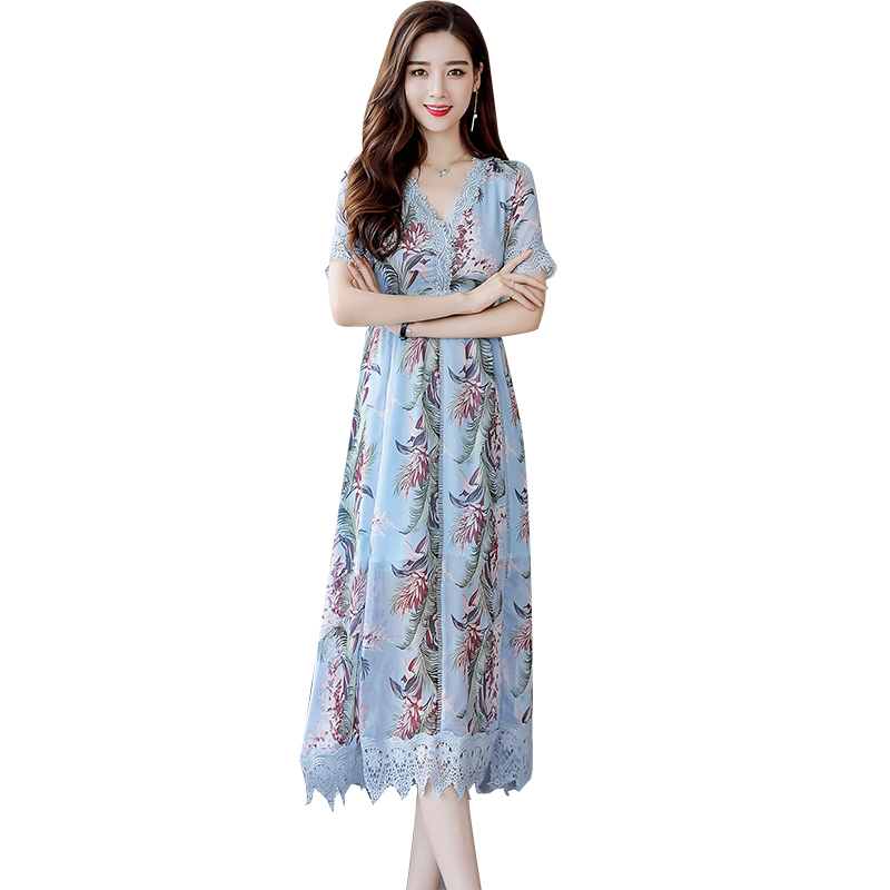 雪纺V领连衣裙女夏女士新品遮肚子温柔仙女裙收腰慵懒冷淡风裙子