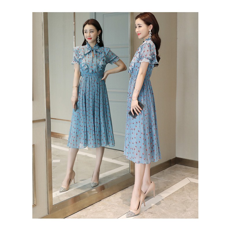 雪纺连衣裙女夏款女士新品女装韩版显瘦修身时尚气质碎花长裙子潮