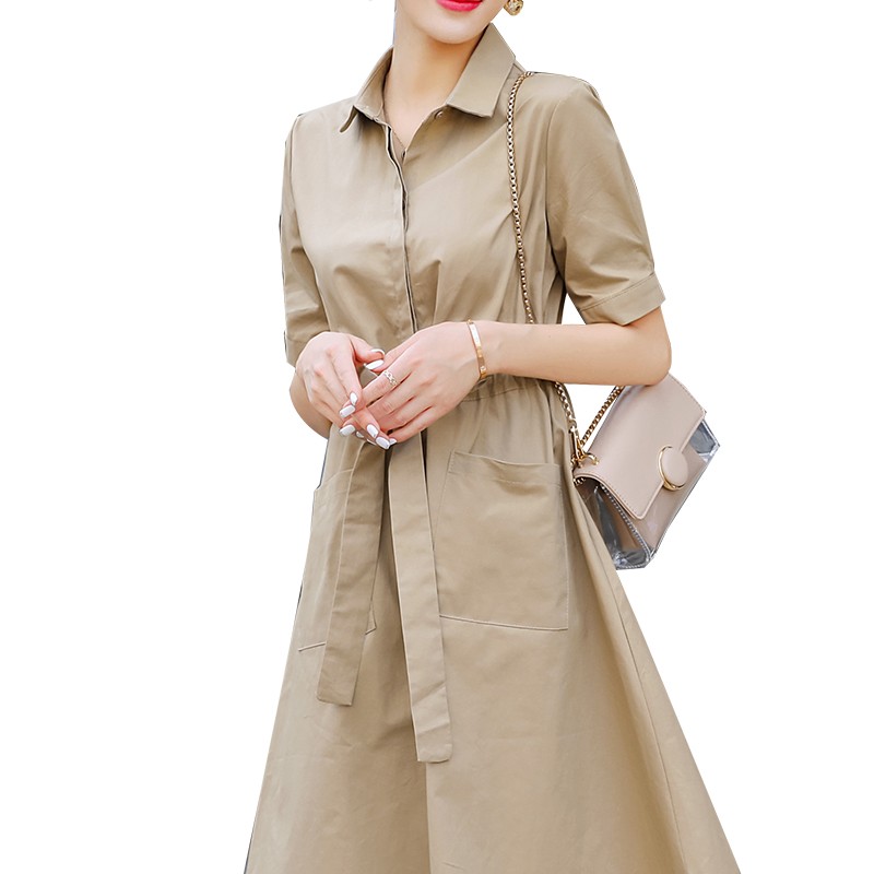 衬衫裙女夏女士新品韩版时尚气质中长款a字收腰短袖冷淡风连衣裙