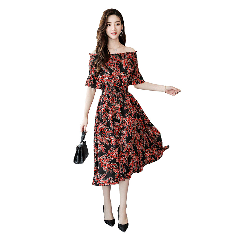 碎花连衣裙女中长款夏款女士新品韩版一字肩印花雪纺裙喇叭袖裙子