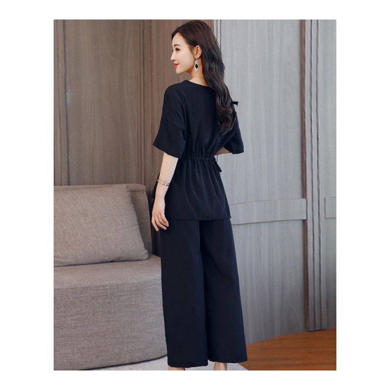 显瘦女士夏天新品时尚洋气宽松阔腿裤两件套显瘦时髦遮肉套装女