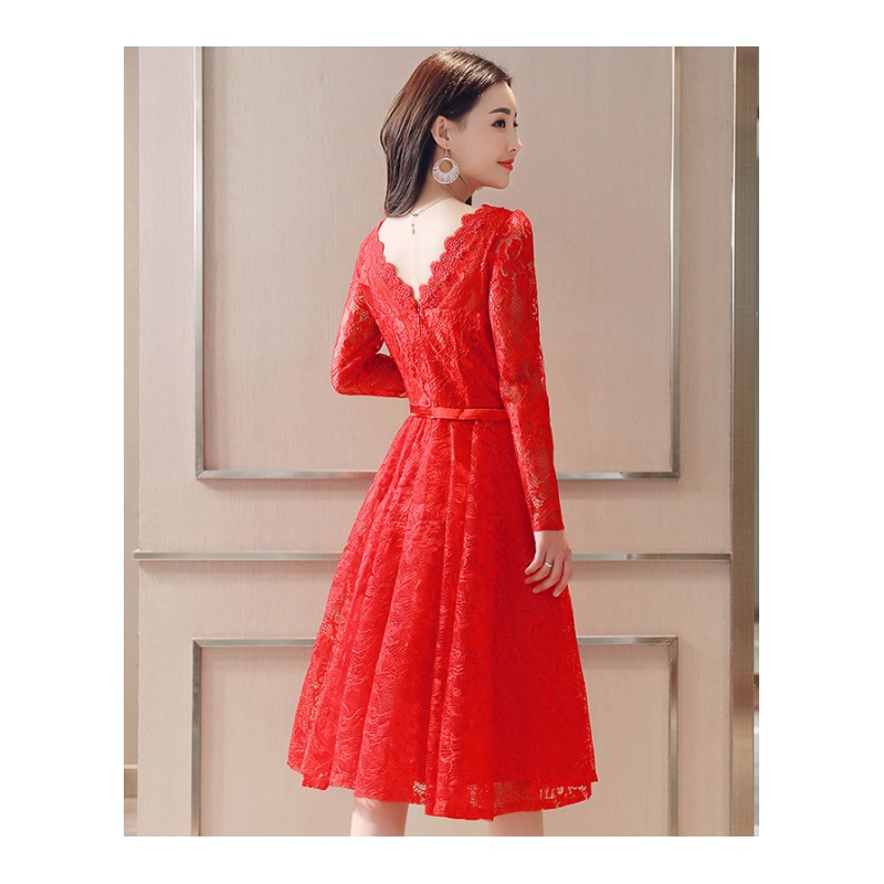 女士春夏新品连衣裙女气质时尚蕾丝露背修身显瘦红色中长款连衣裙