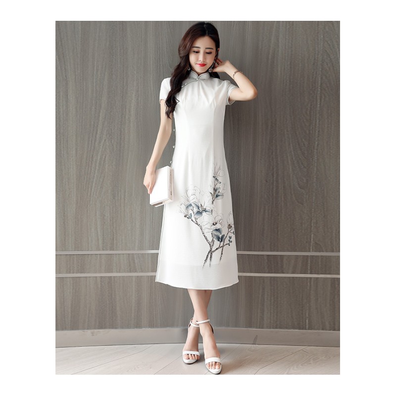 女士夏款新品时尚中国风改良版短袖旗袍中长款复古优雅女士连衣裙