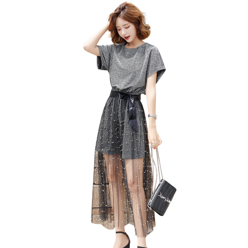 女士夏装新品时尚连衣裙套装女韩版中长款T恤透视网纱裙两件套潮