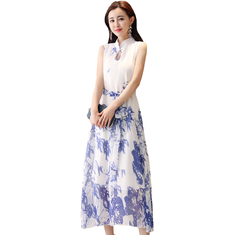 无袖连衣裙女夏款女士新品韩版复古显瘦气质长裙民族风改良旗袍裙