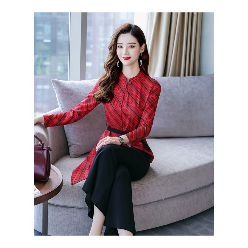 女士新品女装秋季两件套裤休闲时尚不规则衬衫阔腿裤气质大码套装