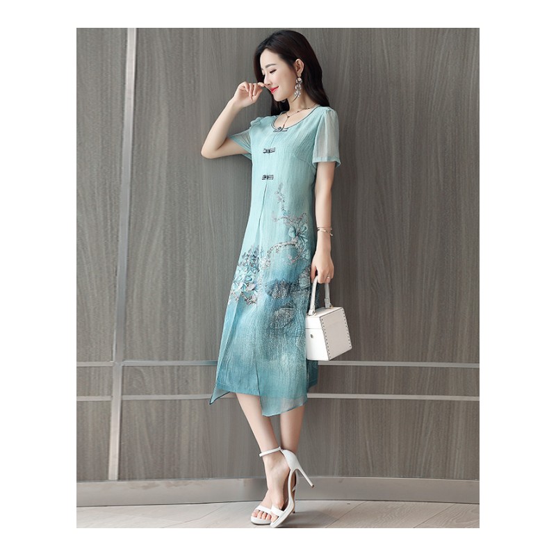 女士新品复古印花气质套装裙夏中国风短袖外披旗袍裙假两件连衣裙