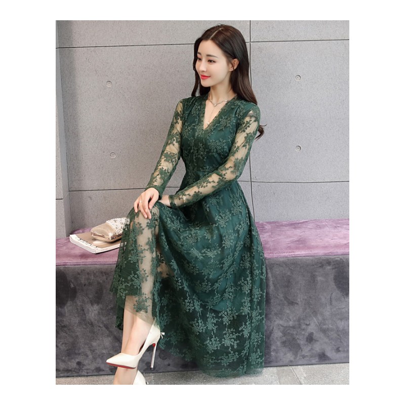 女士新品女装秋装韩版大码蕾丝连衣裙女中长款显瘦春秋款回敬酒