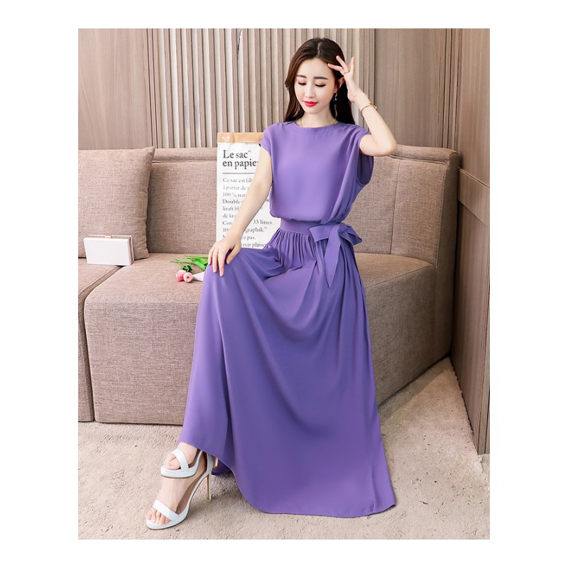 紫色连衣裙女夏款女士新品韩版气质收腰雪纺长裙温柔仙女夏天裙子
