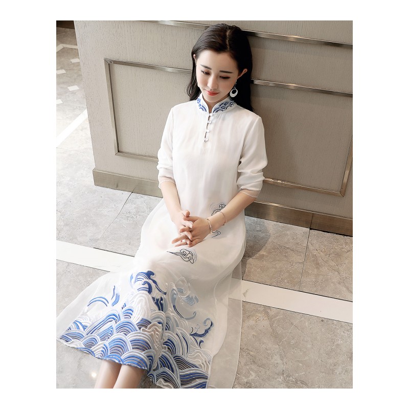 改良旗袍连衣裙女夏女士新品中国民族风中式文艺温柔风刺绣长裙