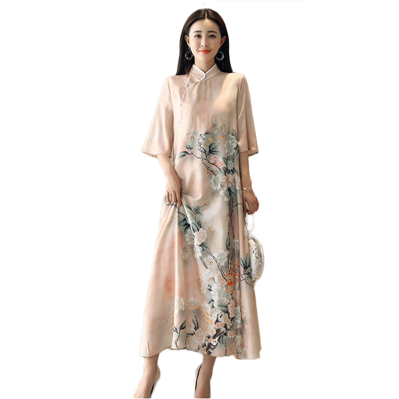 女士春夏款新品旗袍复古长裙子民族风气质大码连衣裙印花图案中袖