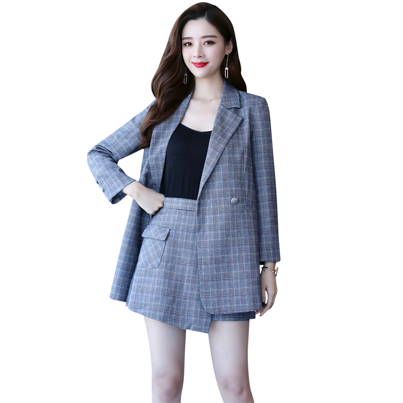 秋季新品韩版西装中长款女外套宽松显瘦格子时尚套装两件套裤裙潮