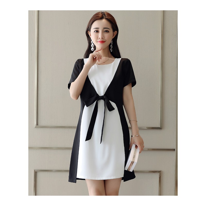 女士韩版时尚黑白撞色拼接连衣裙显瘦蝴蝶结假两件中长款气质女裙