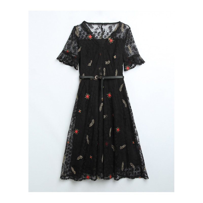 镂空黑色蕾丝连衣裙女夏中长款女士新品显瘦收腰时尚网纱仙女长裙